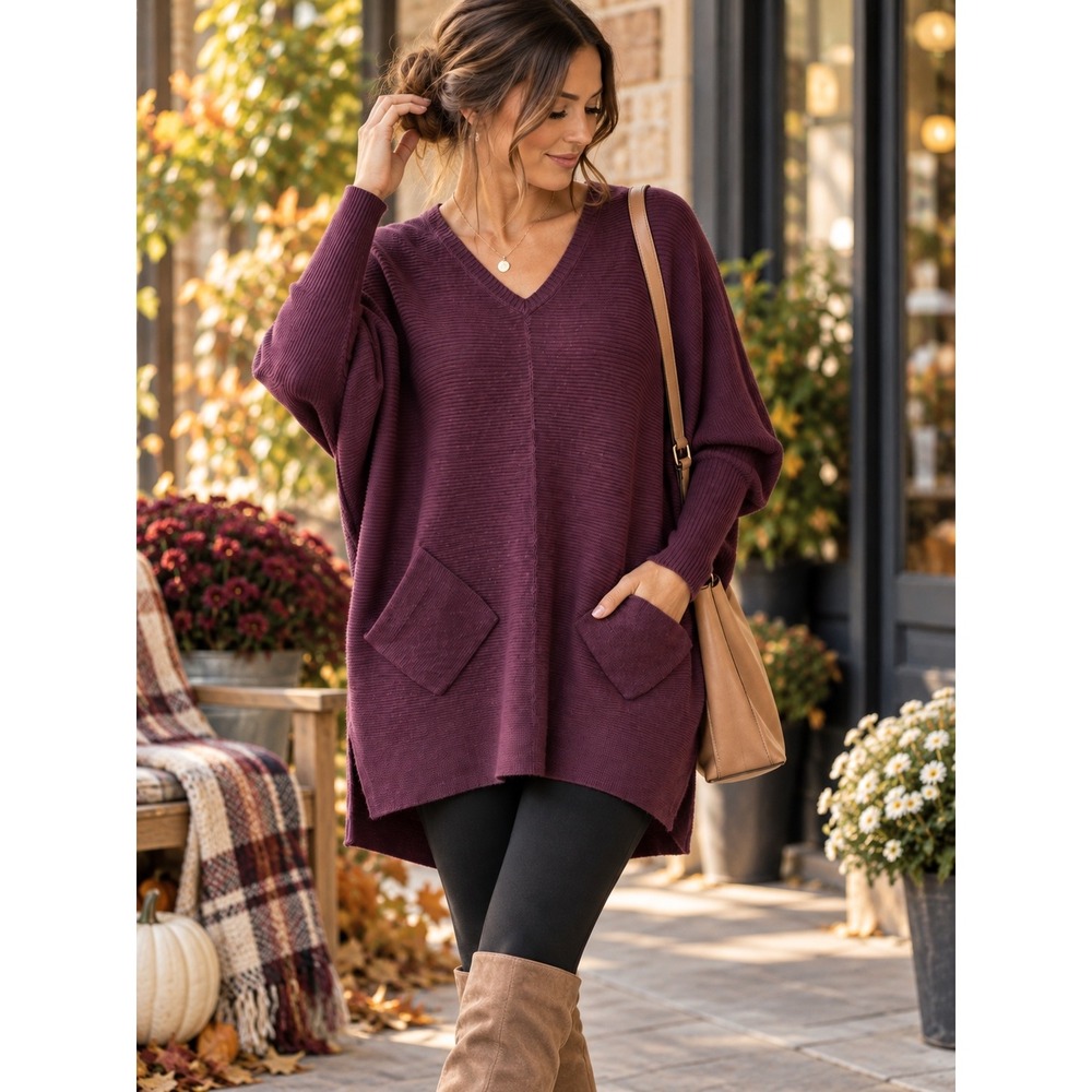 New Directions Purple Dolman Sleeve Sweater S Oversized Tunic Ribbed Pockets